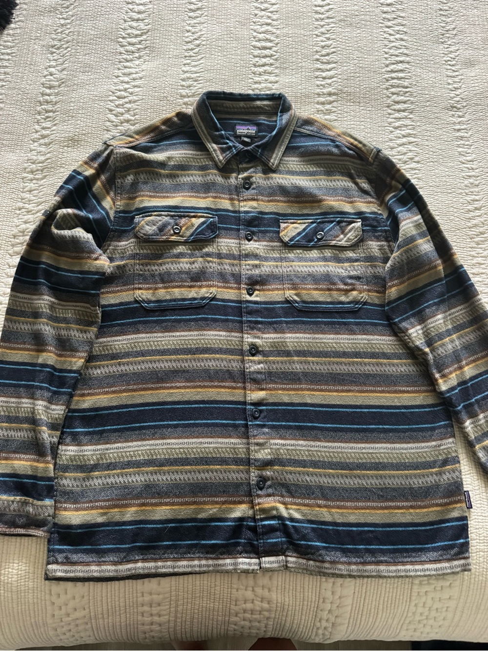 Patagonia Men’s Striped Button-Up Shirt Jacket — Blue, Brown & Tan